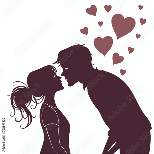 Romantic silhouette of a couple about to kiss with hearts floating above them symbolizing love and affection