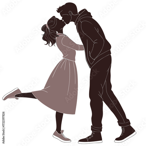 Romantic silhouette of a young couple sharing a passionate kiss with the woman lifting her leg in joy and affection