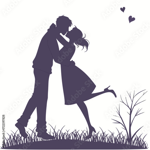 Romantic silhouette of a couple embracing and kissing in a grassy field with hearts floating above