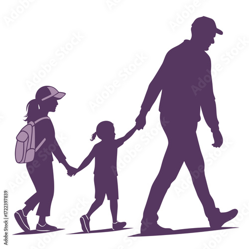 Silhouette of a father holding hands with his two daughters walking together on a white background