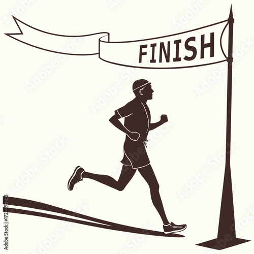 Silhouette of a determined runner crossing the finish line with a celebratory banner above in a simple graphic style