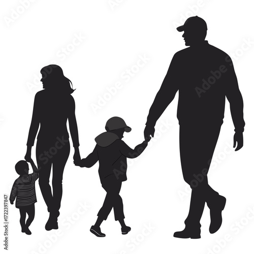 Silhouette of a family with two children walking together holding hands on a white background
