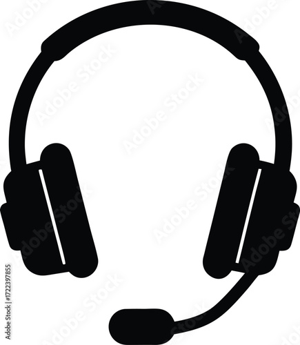 Simple black and white illustration of a headset with microphone depicted