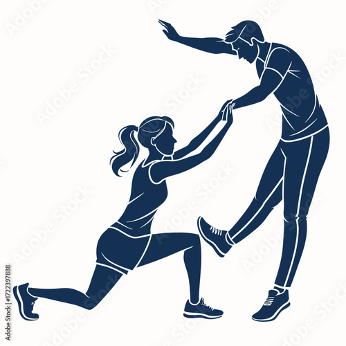 Silhouette of a man and woman performing a dynamic stretching exercise together in a fitness studio
