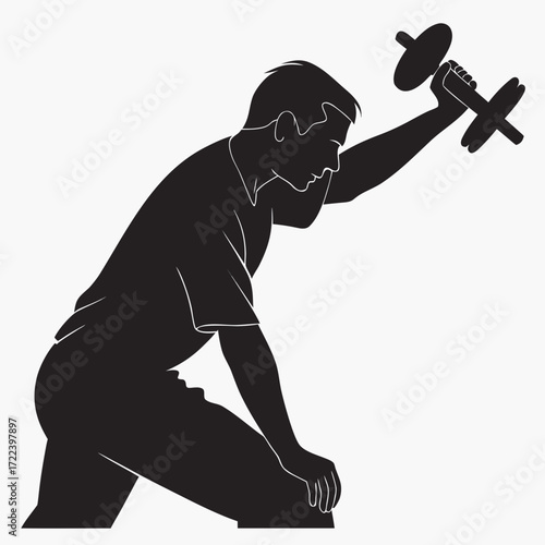 Silhouette of a man performing a bicep curl exercise with a dumbbell in a gym setting