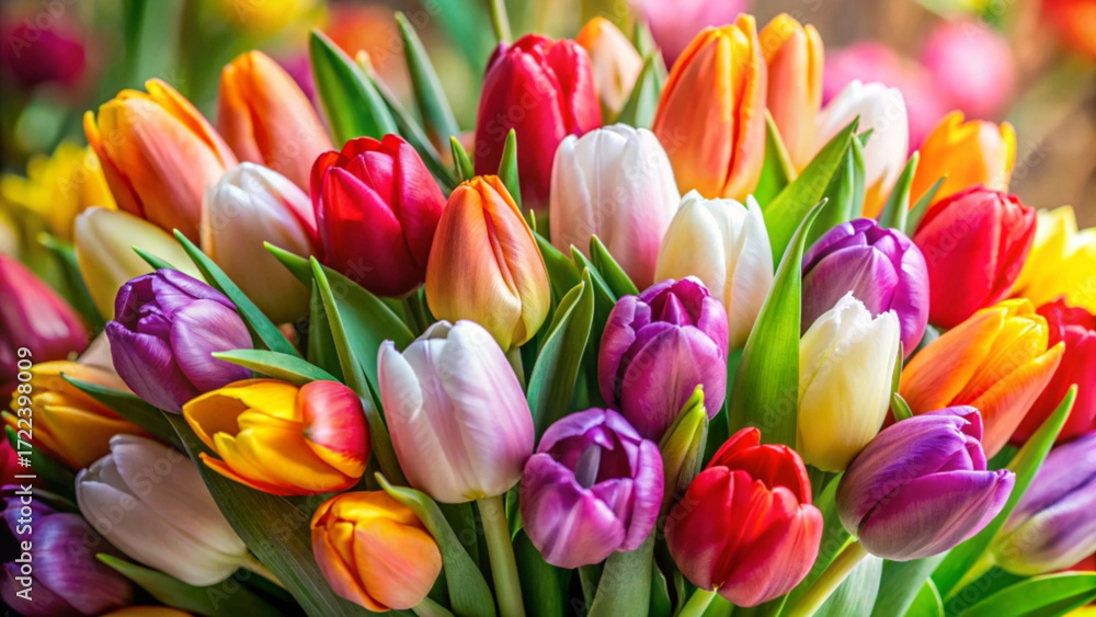 Naklejka premium A vibrant bouquet of colorful tulips in full springtime bloom