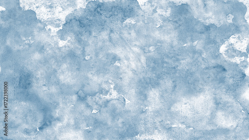 Light grey blue white abstract pattern watercolor. Colorful art background. Soft pale dusty pastel grayish bluish silver. Brush splash daub stain grunge. Winter cold frost snow Christmas.Empty.Design.