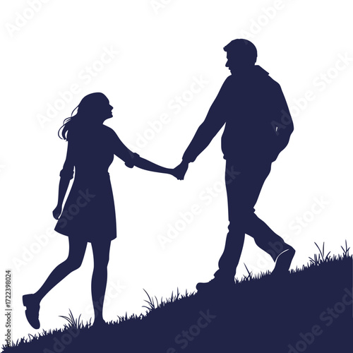 Silhouettes of a loving couple holding hands and walking together on a grassy hill against a white background