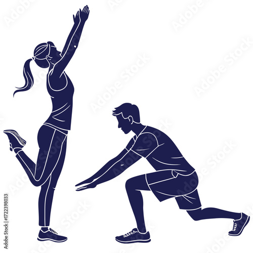 Silhouettes of a man and woman performing fitness exercises together in a gym or studio setting