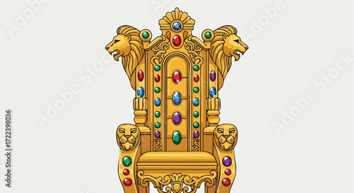 The Golden Royal Throne Decorated with Gemstones and Lion Heads