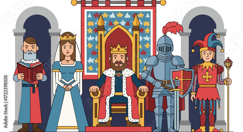 The Royal Court of a King and Queen with Their Knight and Jester