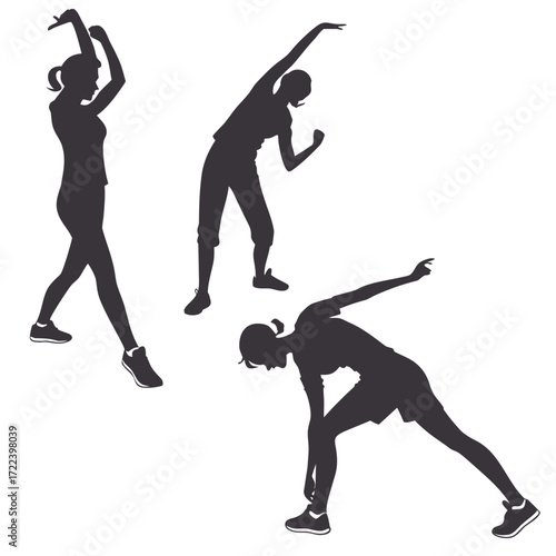 Three diverse female silhouettes engaged in various dynamic stretching and exercise poses on a clean white background