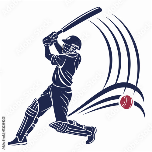 Dynamic silhouette of a cricket batsman in action hitting the ball with a powerful swing during a game