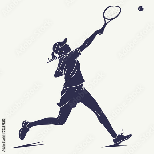 Dynamic silhouette of a female tennis player in action serving the ball with grace and power