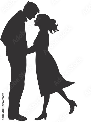 Romantic silhouette of a couple embracing tenderly with a gentle touch and loving gaze on a white background
