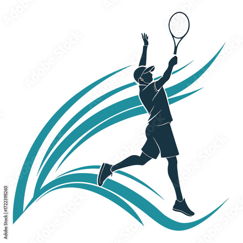 Dynamic silhouette of a tennis player in mid serve action with abstract teal swirls and waves