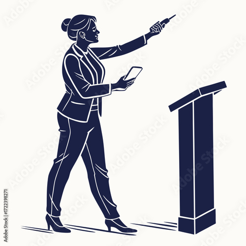 Silhouette of a confident businesswoman presenting with a pointer and tablet next to a podium