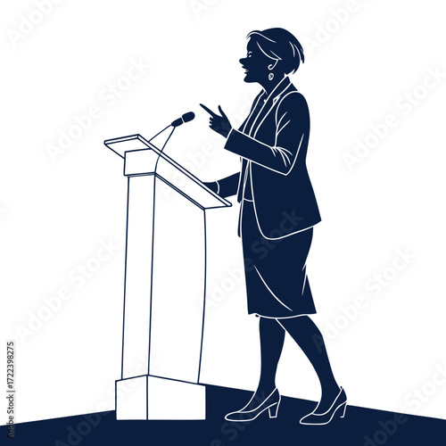Silhouette of a confident businesswoman speaking passionately at a podium with a microphone during a presentation or speech