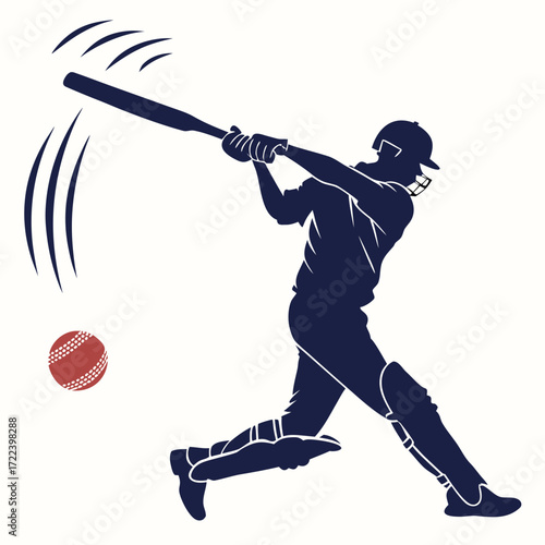 Silhouette of a cricket player in action hitting a red ball with a dark blue bat and uniform on a white background
