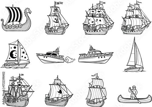 Collection of twelve detailed vintage hand drawn illustrations of various historical sailing ships and boats in black and white