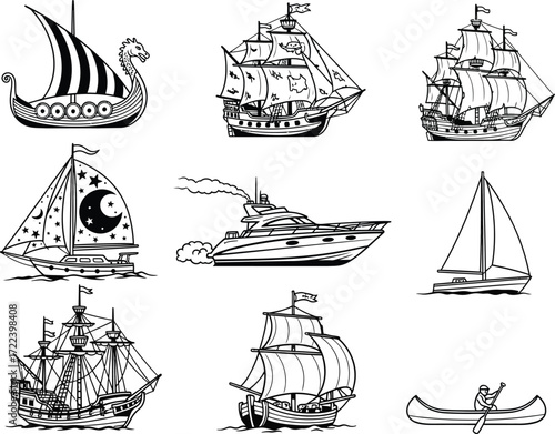 Collection of nine vintage black and white illustrations of various historical sailing ships and boats on a white background