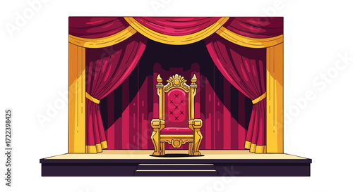 The Royal Throne on a Stage with Red Curtains