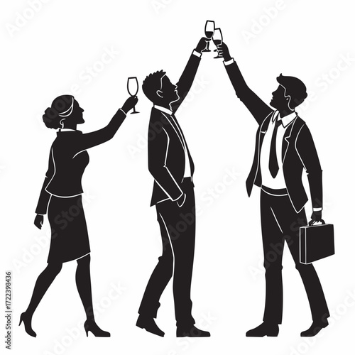 Three business professionals in silhouette form a toast with wine glasses celebrating a successful achievement or event