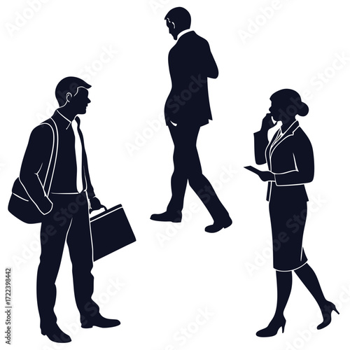 Three business professionals in silhouette form two men and one woman engaged in various activities on a white background