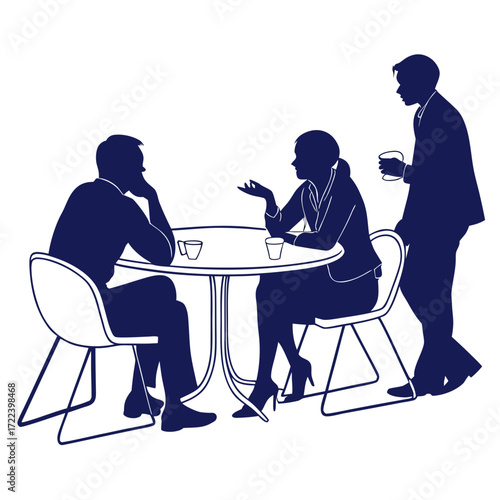 Three business professionals silhouetted meeting around a table with coffee cups discussing ideas