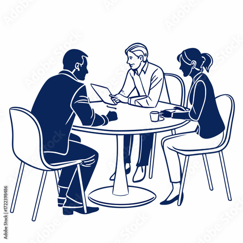 Three professionals in a meeting around a round table discussing a document and holding a cup of coffee