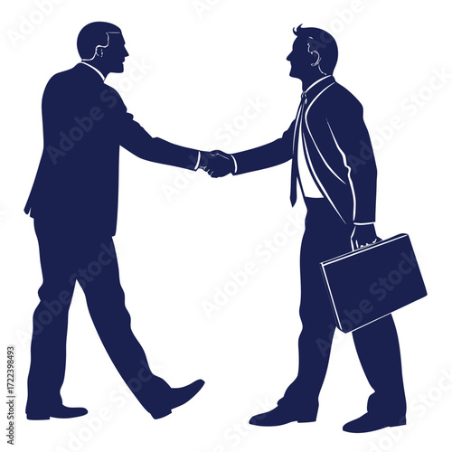 Two businessmen in silhouette shaking hands firmly while one carries a briefcase symbolizing agreement and partnership