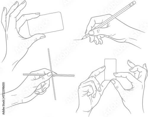 Detailed line drawing illustrations of four different hands holding and interacting with various objects and tools