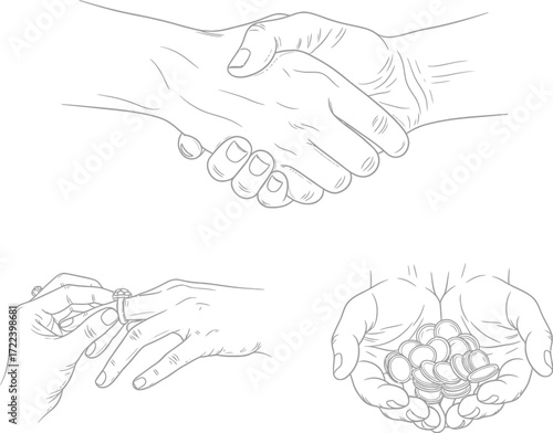 Three hand drawn sketches showing a handshake cupped hands holding something and open palms symbolizing trust and partnership