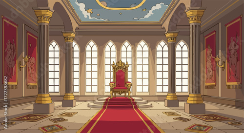 The Royal Throne Room with Ornate Pillars and Red Carpet