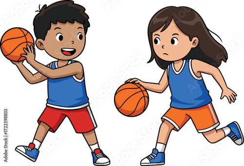 Cartoon boy and girl playing basketball together, children dribbling and passing ball, fun sports activity, teamwork, healthy lifestyle, school game illustration