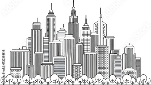 Stylized black and white line art illustration of a dense city skyline with tall skyscrapers and a row of trees