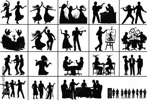 Collection of diverse silhouette illustrations depicting people dancing socializing and engaged in various activities