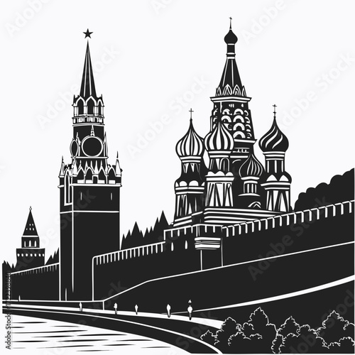 "Kremlin silhouette art Moscow Russia skyline poster, historic fortress landmark illustration, black and white minimalist cultural heritage travel wall decor for world architecture lovers"