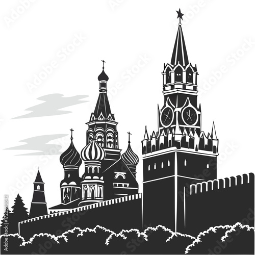 "Kremlin silhouette art Moscow Russia skyline poster, historic fortress landmark illustration, black and white minimalist cultural heritage travel wall decor for world architecture lovers"