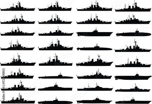 Collection of silhouettes of various warships and naval vessels displayed in a grid layout on a white background