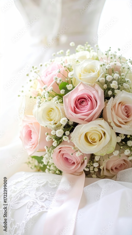 Obraz premium Bridal bouquet of white and pink roses with baby's breath resting on a white lace wedding dress, soft and romantic feel
