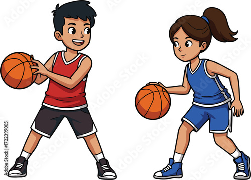 Cartoon boy and girl playing basketball together, kids dribbling ball, fun sports activity, school game illustration, healthy lifestyle, teamwork practice