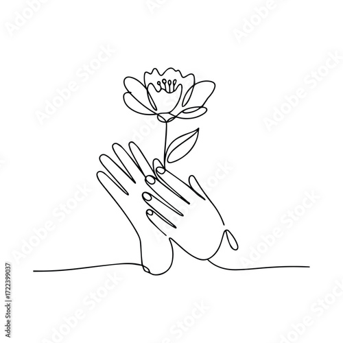 Minimalist single line drawing of hands gently holding a blooming flower