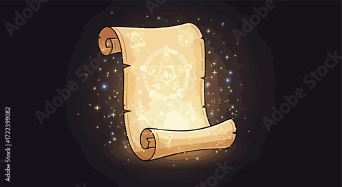 Magical Ancient Scroll with Glowing Pentagram and Spell Symbols