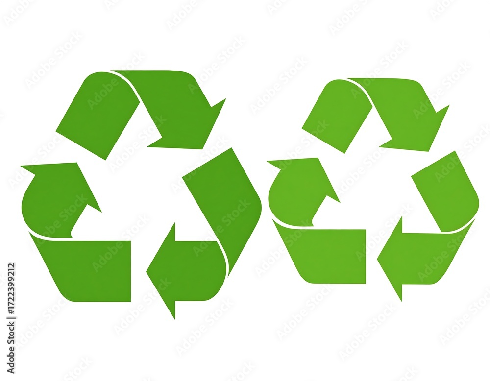 Fototapeta premium Two green recycle symbols on white background
