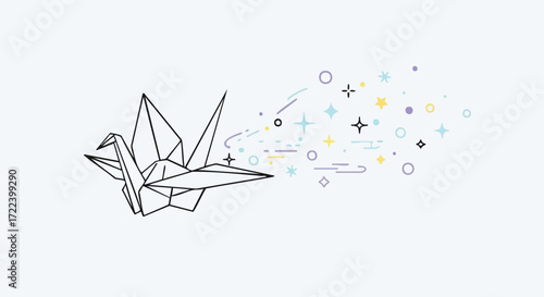 Origami Crane with Stars and Magic Dust Trails