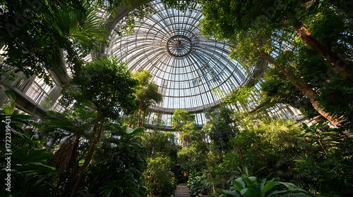 Interior view of a glass dome botanical garden filled with lush plants