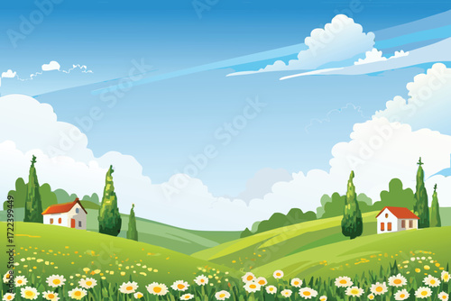 A peaceful landscape featuring rolling green hills and a bright blue sky