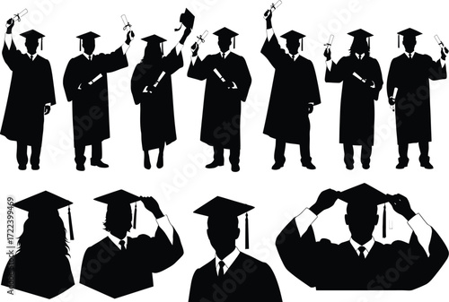Diverse group of graduating students in silhouette wearing caps and gowns celebrating academic achievement with diplomas