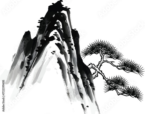 Traditional chinese ink wash painting of a majestic mountain peak with a solitary pine tree in a minimalist style